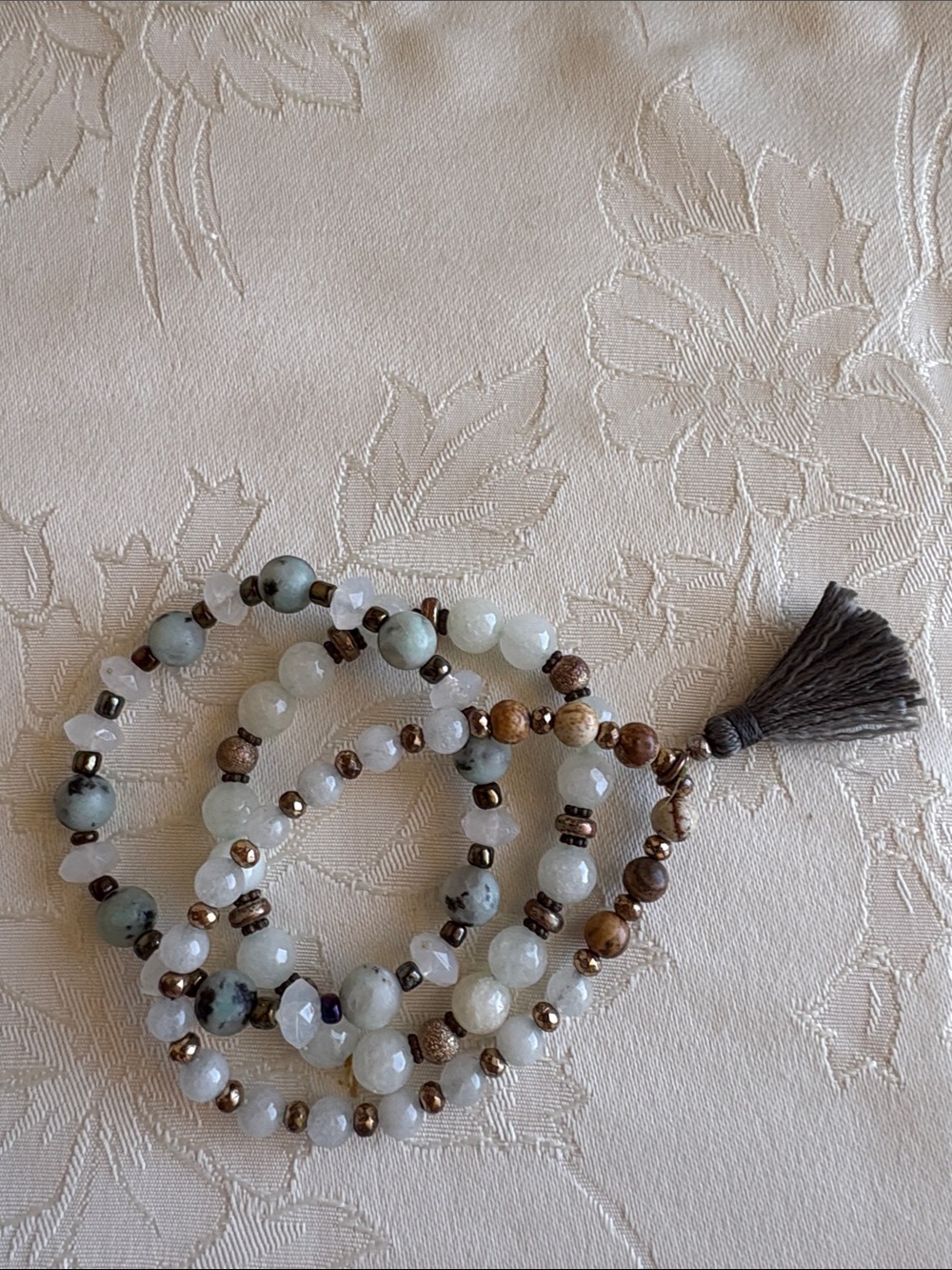 Boho Multi-Strand Beaded Bracelet with Gray Tassel